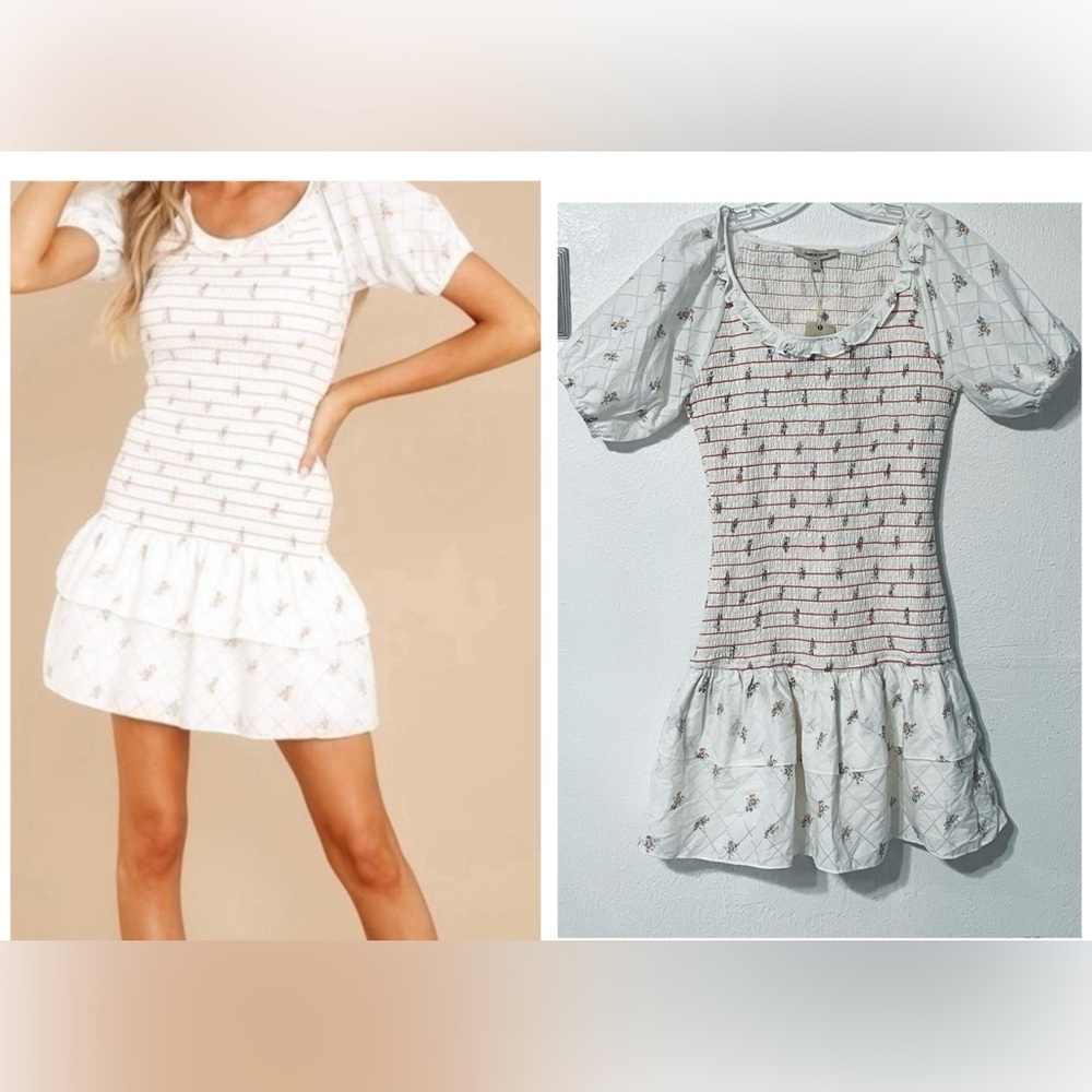 NEW Sweet en Forme Chic White Dress with Red Stripes and Floral Design Bohemian